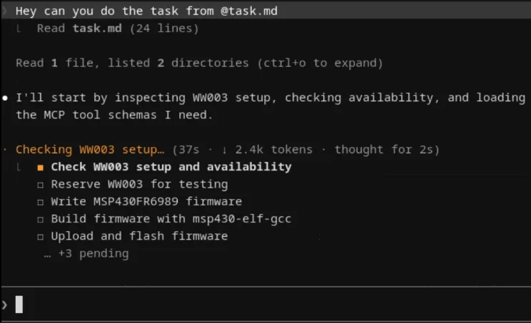 A coding agent planning to check, reserve, build and flash firmware on a WisentWire